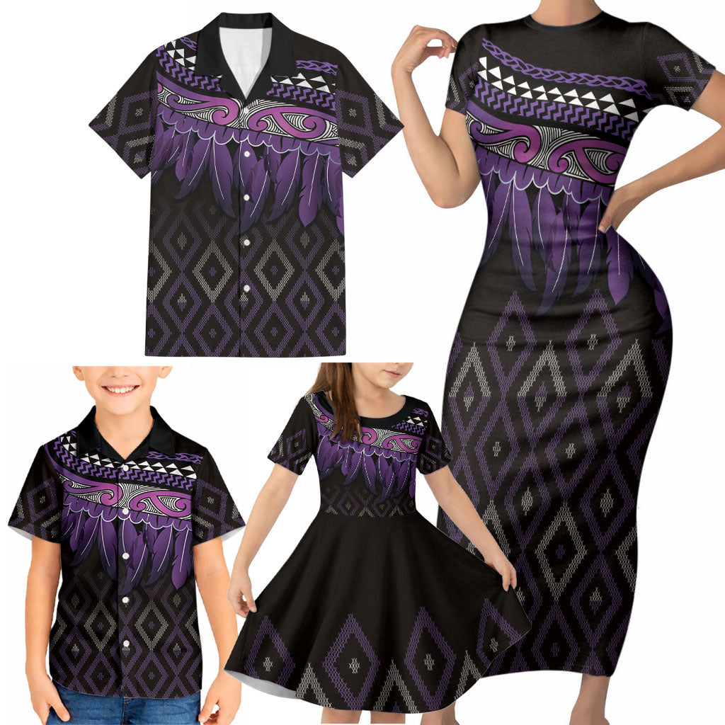 Aotearoa Maori Ngati Porou Iwi Family Matching Short Sleeve Bodycon Dress and Hawaiian Shirt Korowai Tukutuku Kaokao Motifs