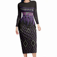 Aotearoa Maori Ngati Porou Iwi Long Sleeve Bodycon Dress Korowai Tukutuku Kaokao Motifs