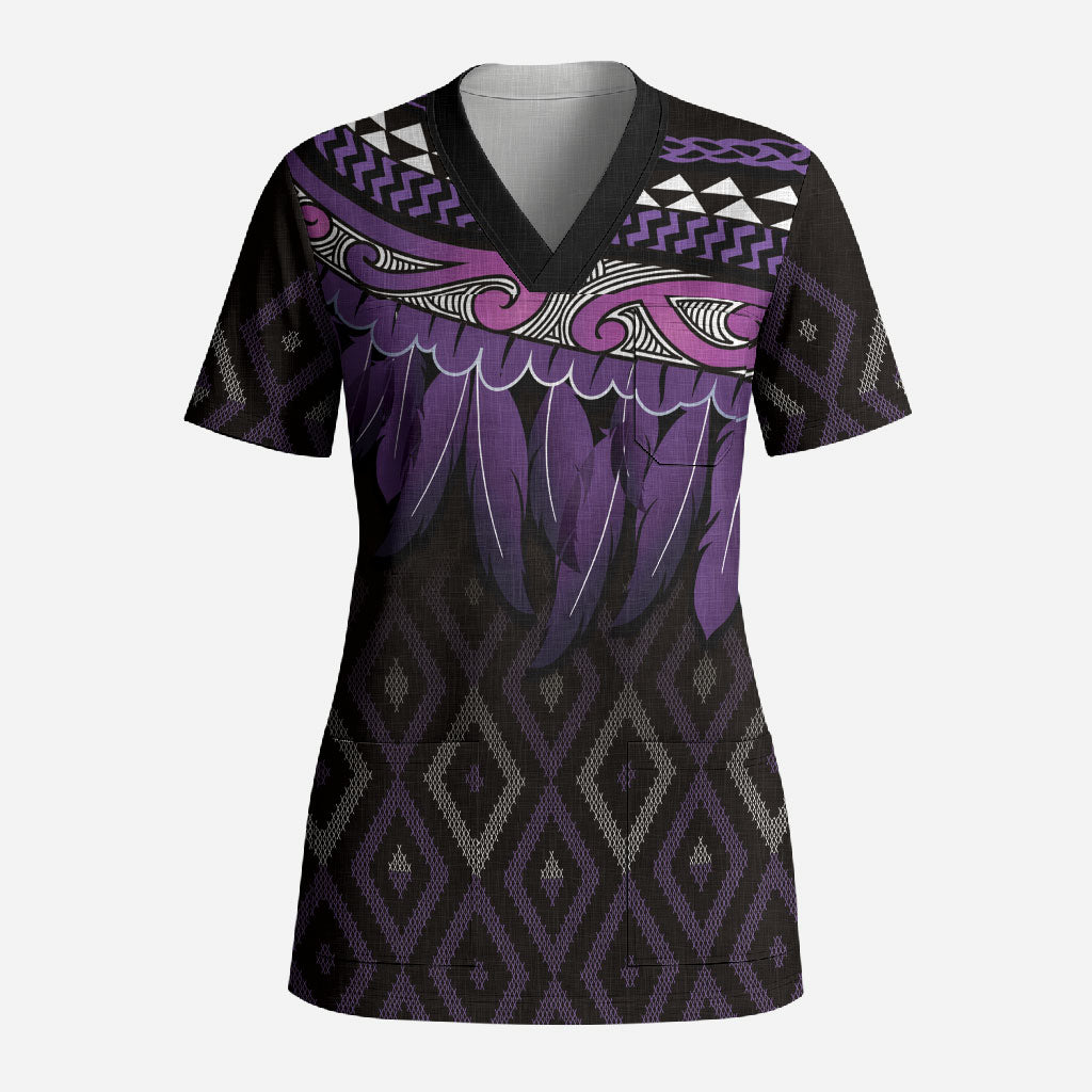 Aotearoa Maori Ngati Porou Iwi Scrub Top Korowai Tukutuku Kaokao Motifs