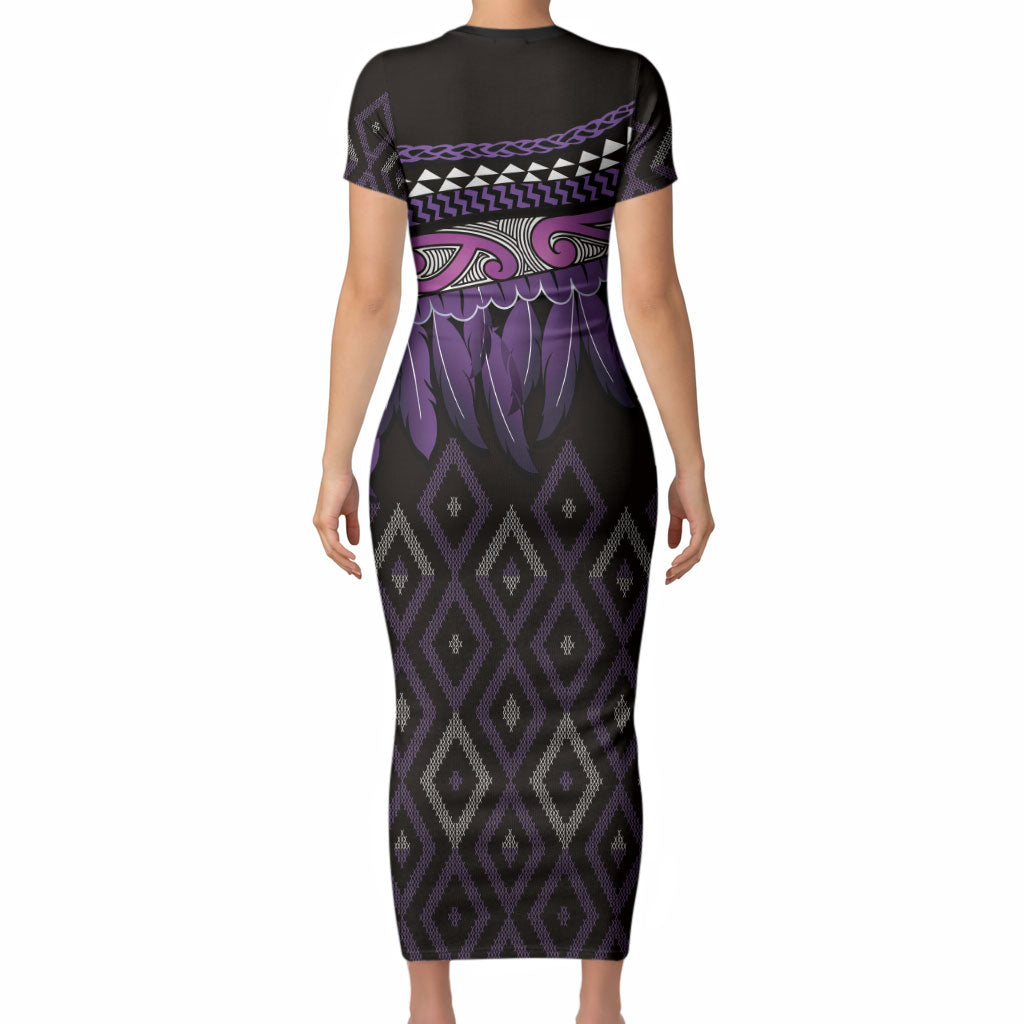 Aotearoa Maori Ngati Porou Iwi Short Sleeve Bodycon Dress Korowai Tukutuku Kaokao Motifs