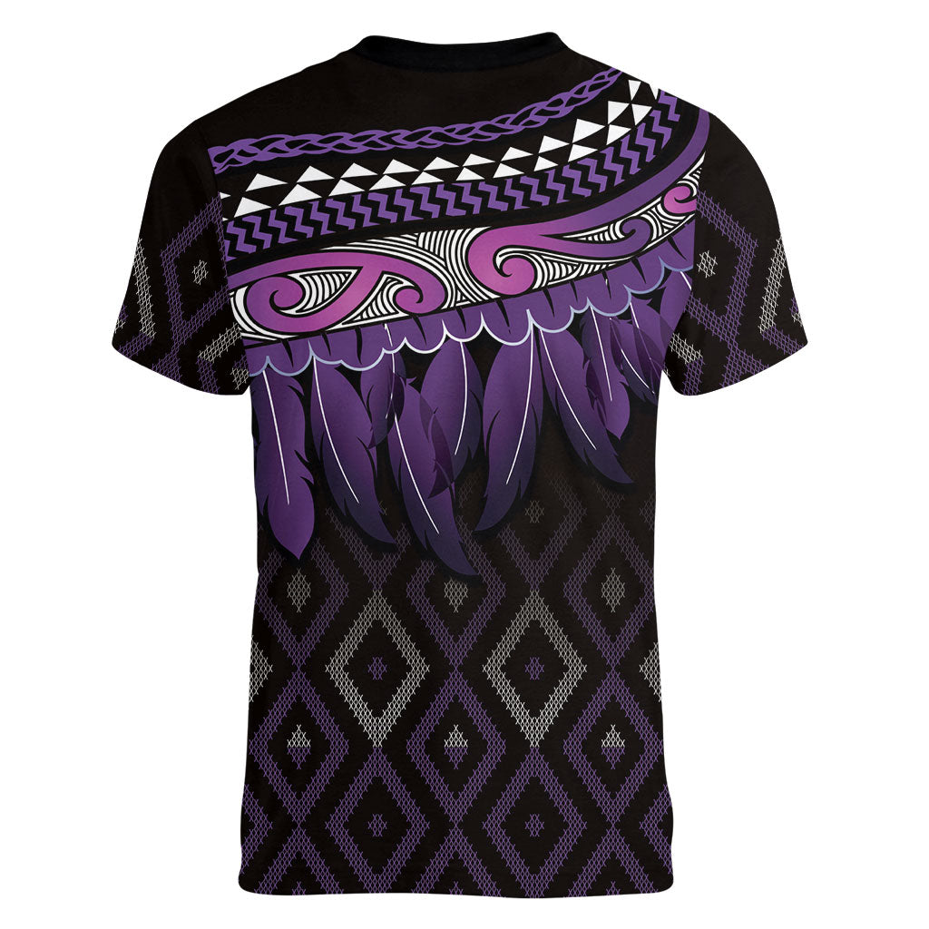 Aotearoa Maori Ngati Porou Iwi Women V-Neck T-Shirt Korowai Tukutuku Kaokao Motifs