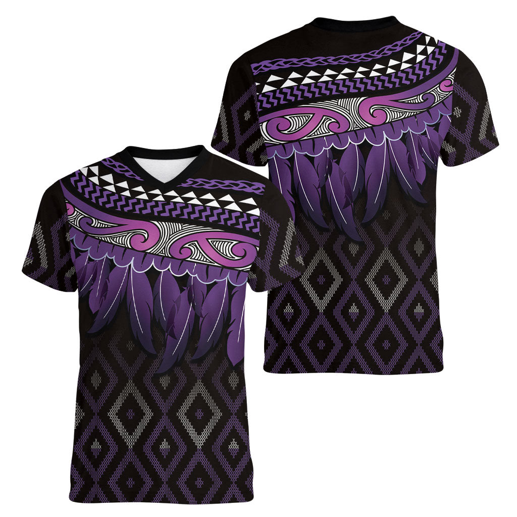 Aotearoa Maori Ngati Porou Iwi Women V-Neck T-Shirt Korowai Tukutuku Kaokao Motifs