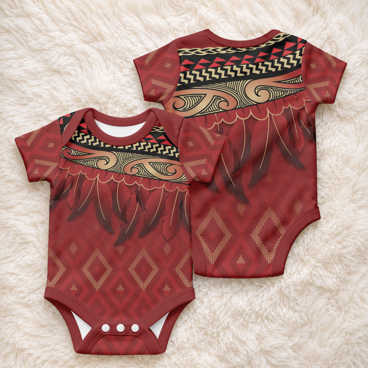 Aotearoa Maori Waikato Tainui Iwi Baby Onesie Korowai Tukutuku Kaokao Motifs