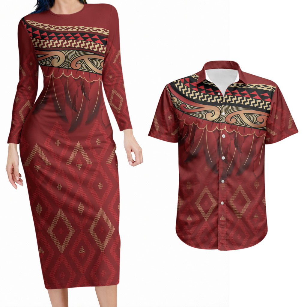 Aotearoa Maori Waikato Tainui Iwi Couples Matching Long Sleeve Bodycon Dress and Hawaiian Shirt Korowai Tukutuku Kaokao Motifs