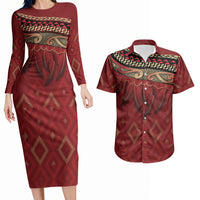 Aotearoa Maori Waikato Tainui Iwi Couples Matching Long Sleeve Bodycon Dress and Hawaiian Shirt Korowai Tukutuku Kaokao Motifs