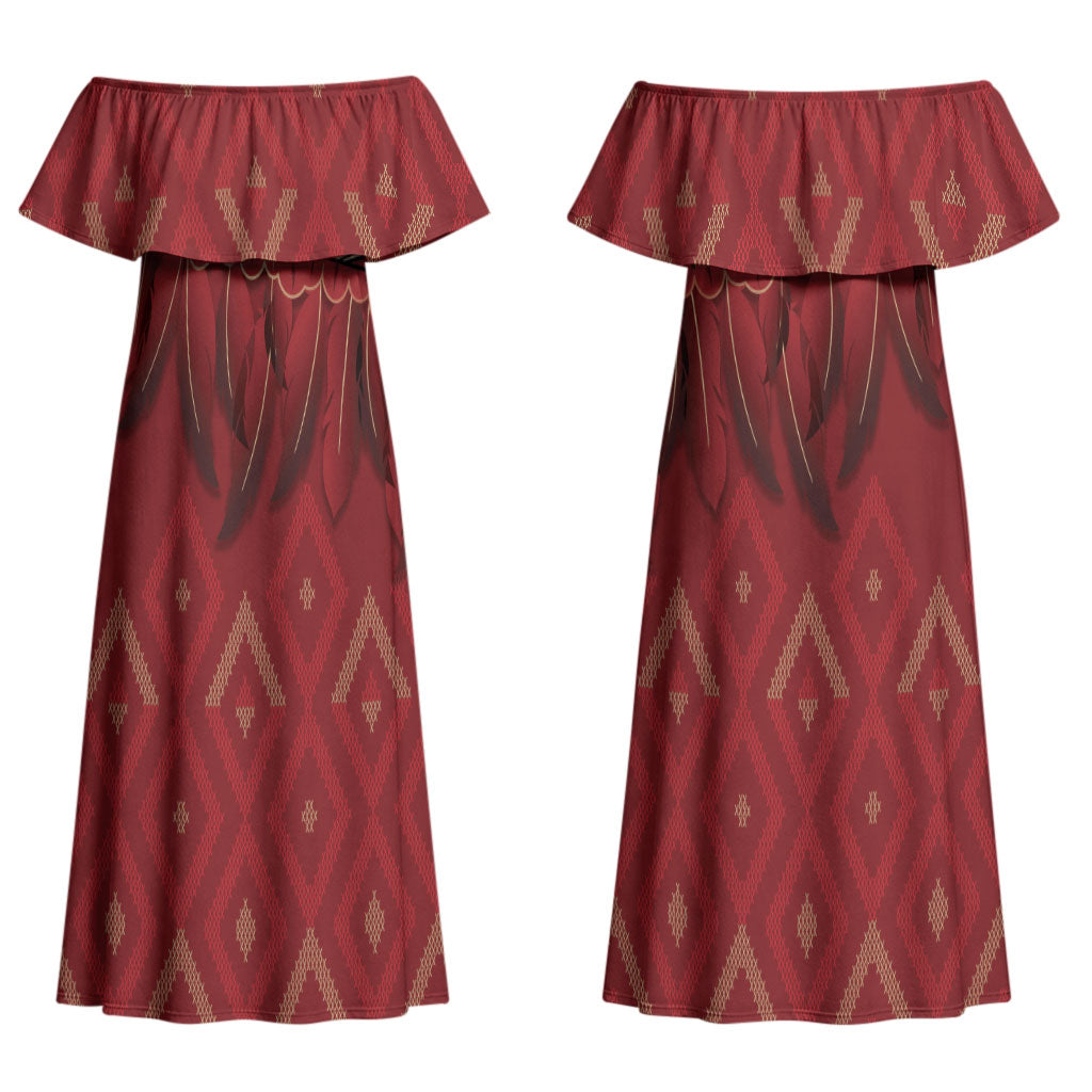 Aotearoa Maori Waikato Tainui Iwi Couples Matching Off Shoulder Maxi Dress and Hawaiian Shirt Korowai Tukutuku Kaokao Motifs