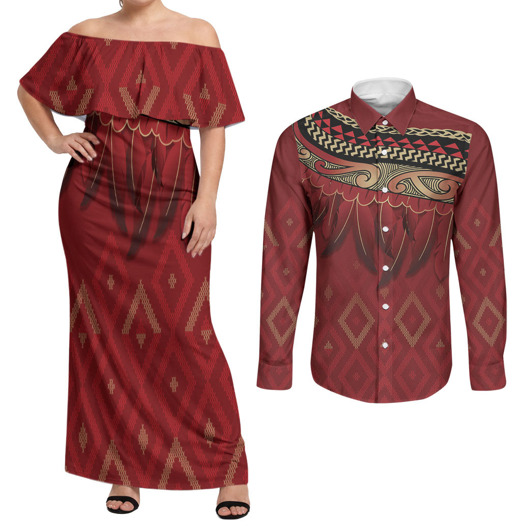 Aotearoa Maori Waikato Tainui Iwi Couples Matching Off Shoulder Maxi Dress and Long Sleeve Button Shirt Korowai Tukutuku Kaokao Motifs