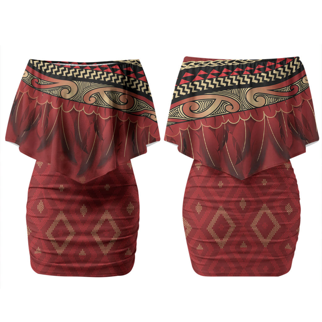 Aotearoa Maori Waikato Tainui Iwi Couples Matching Off Shoulder Short Dress and Long Sleeve Button Shirt Korowai Tukutuku Kaokao Motifs