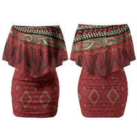 Aotearoa Maori Waikato Tainui Iwi Couples Matching Off Shoulder Short Dress and Long Sleeve Button Shirt Korowai Tukutuku Kaokao Motifs
