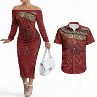 Aotearoa Maori Waikato Tainui Iwi Couples Matching Off The Shoulder Long Sleeve Dress and Hawaiian Shirt Korowai Tukutuku Kaokao Motifs