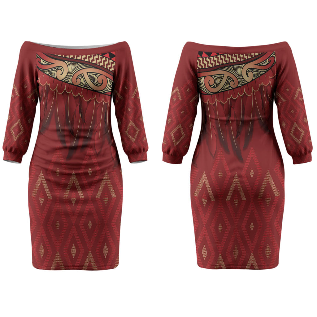 Aotearoa Maori Waikato Tainui Iwi Couples Matching Off The Shoulder Long Sleeve Dress and Hawaiian Shirt Korowai Tukutuku Kaokao Motifs