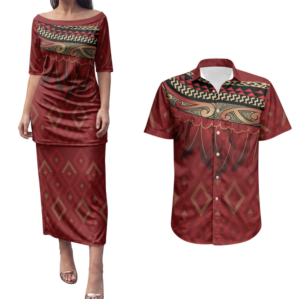 Aotearoa Maori Waikato Tainui Iwi Couples Matching Puletasi and Hawaiian Shirt Korowai Tukutuku Kaokao Motifs