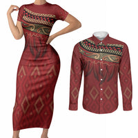 Aotearoa Maori Waikato Tainui Iwi Couples Matching Short Sleeve Bodycon Dress and Long Sleeve Button Shirt Korowai Tukutuku Kaokao Motifs