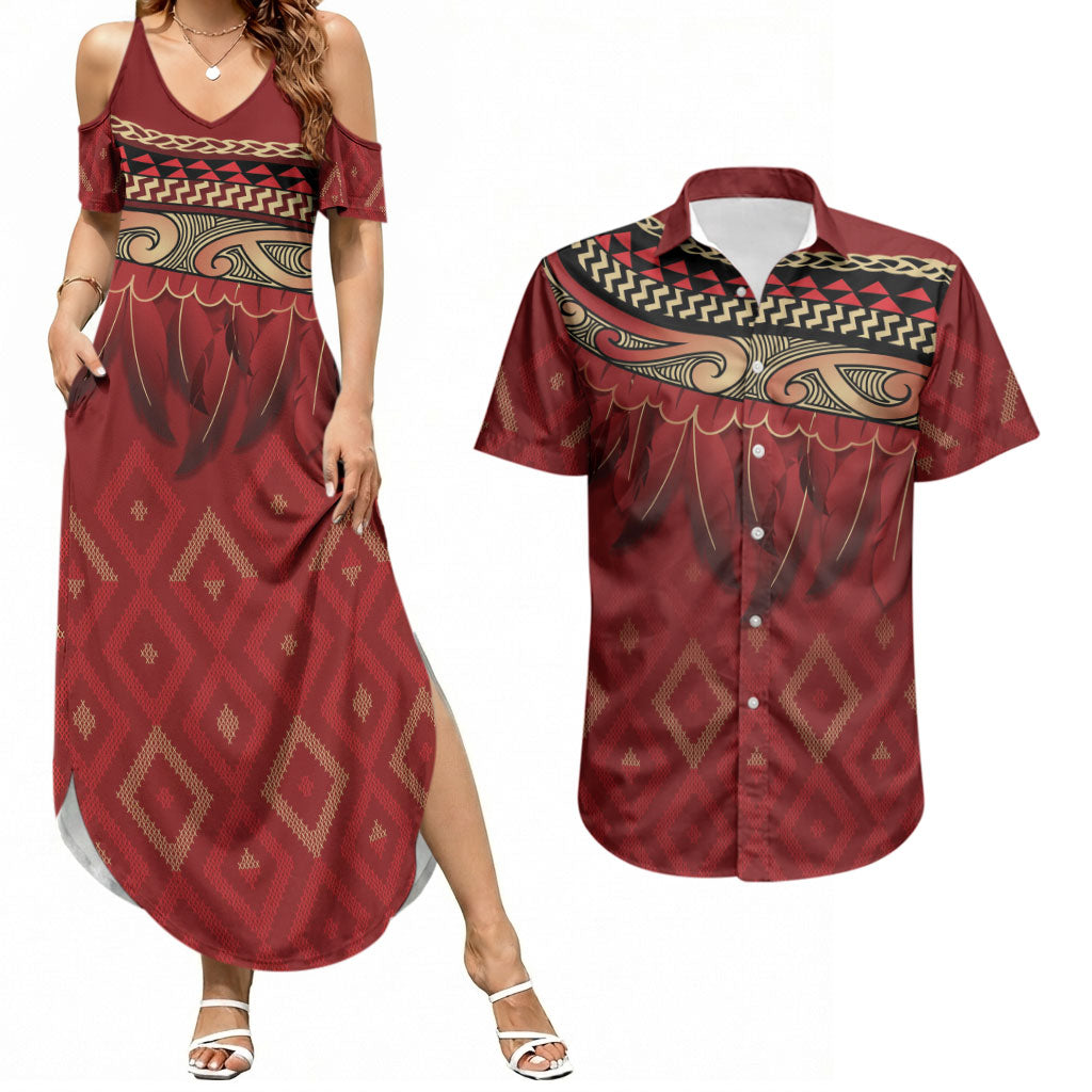Aotearoa Maori Waikato Tainui Iwi Couples Matching Summer Maxi Dress and Hawaiian Shirt Korowai Tukutuku Kaokao Motifs