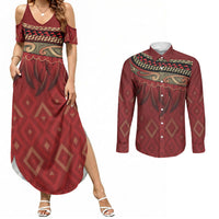 Aotearoa Maori Waikato Tainui Iwi Couples Matching Summer Maxi Dress and Long Sleeve Button Shirt Korowai Tukutuku Kaokao Motifs