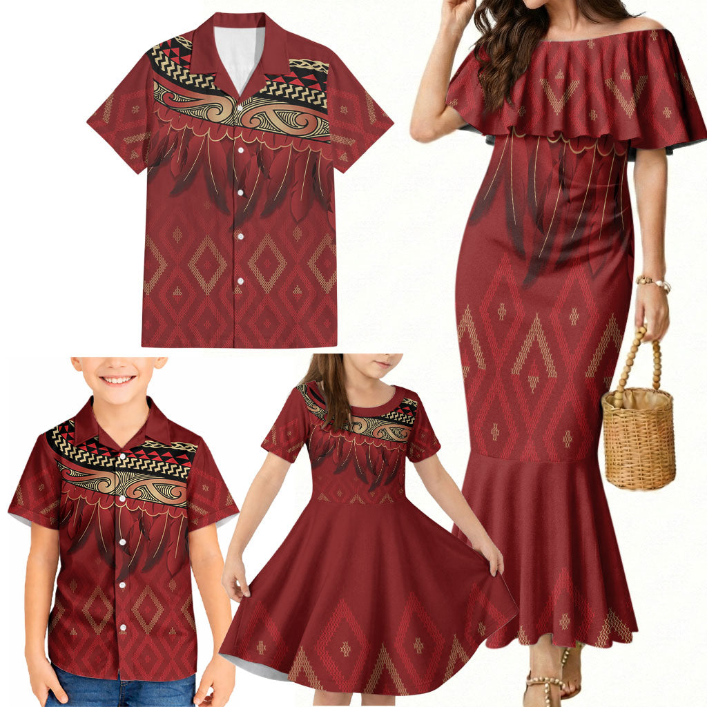 Aotearoa Maori Waikato Tainui Iwi Family Matching Mermaid Dress and Hawaiian Shirt Korowai Tukutuku Kaokao Motifs