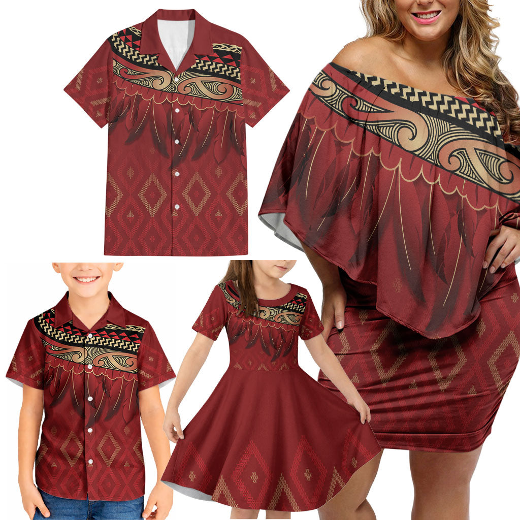Aotearoa Maori Waikato Tainui Iwi Family Matching Off Shoulder Short Dress and Hawaiian Shirt Korowai Tukutuku Kaokao Motifs