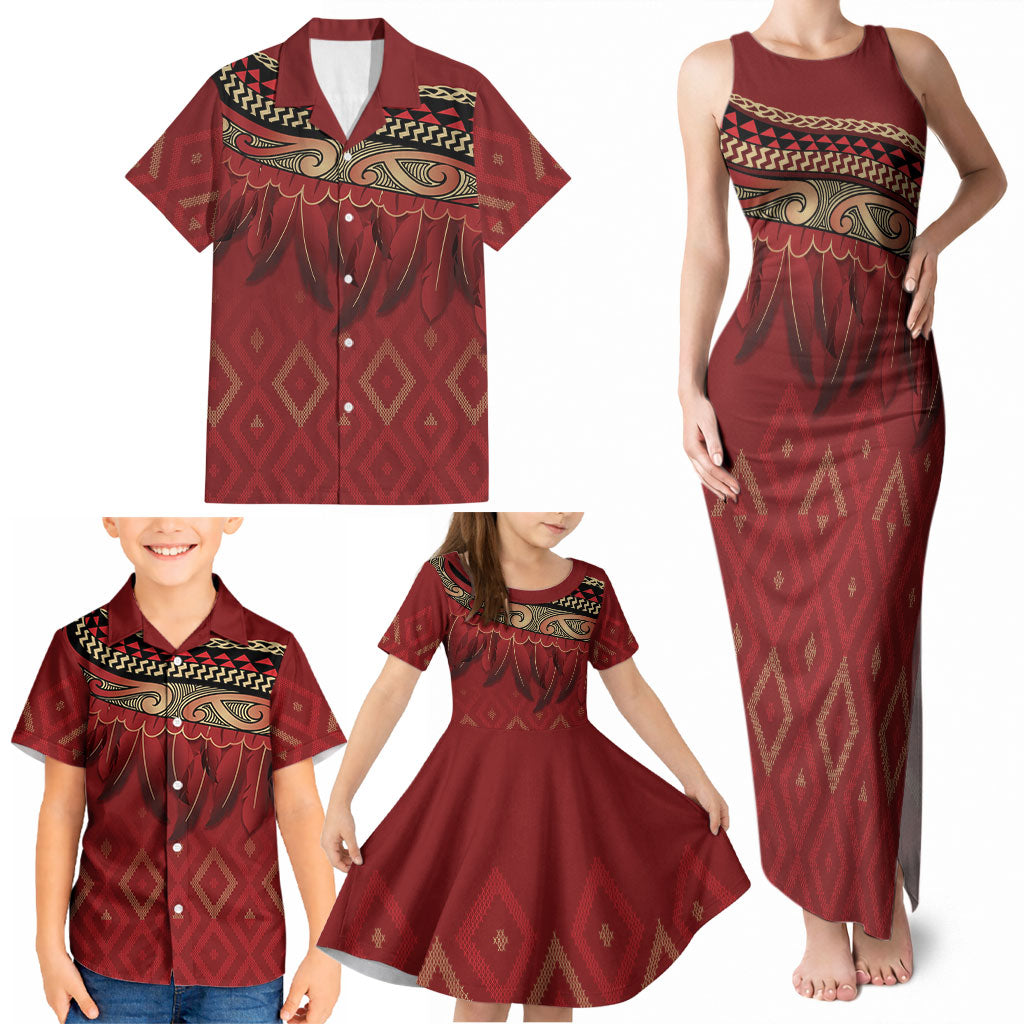 Aotearoa Maori Waikato Tainui Iwi Family Matching Tank Maxi Dress and Hawaiian Shirt Korowai Tukutuku Kaokao Motifs