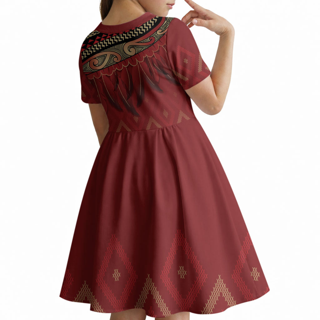 Aotearoa Maori Waikato Tainui Iwi Kid Short Sleeve Dress Korowai Tukutuku Kaokao Motifs