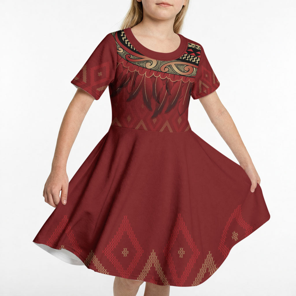 Aotearoa Maori Waikato Tainui Iwi Kid Short Sleeve Dress Korowai Tukutuku Kaokao Motifs