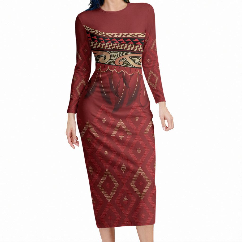 Aotearoa Maori Waikato Tainui Iwi Long Sleeve Bodycon Dress Korowai Tukutuku Kaokao Motifs