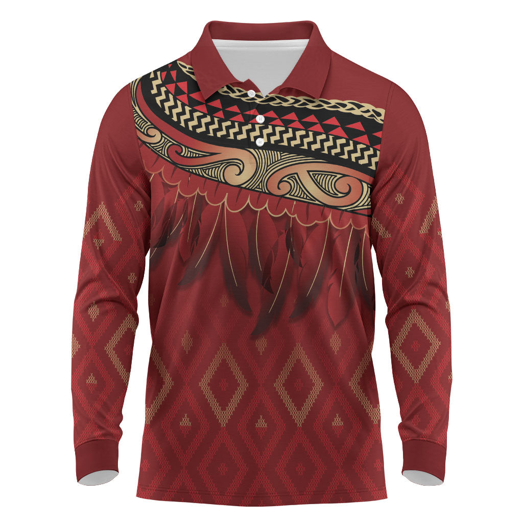 Aotearoa Maori Waikato Tainui Iwi Long Sleeve Polo Shirt Korowai Tukutuku Kaokao Motifs