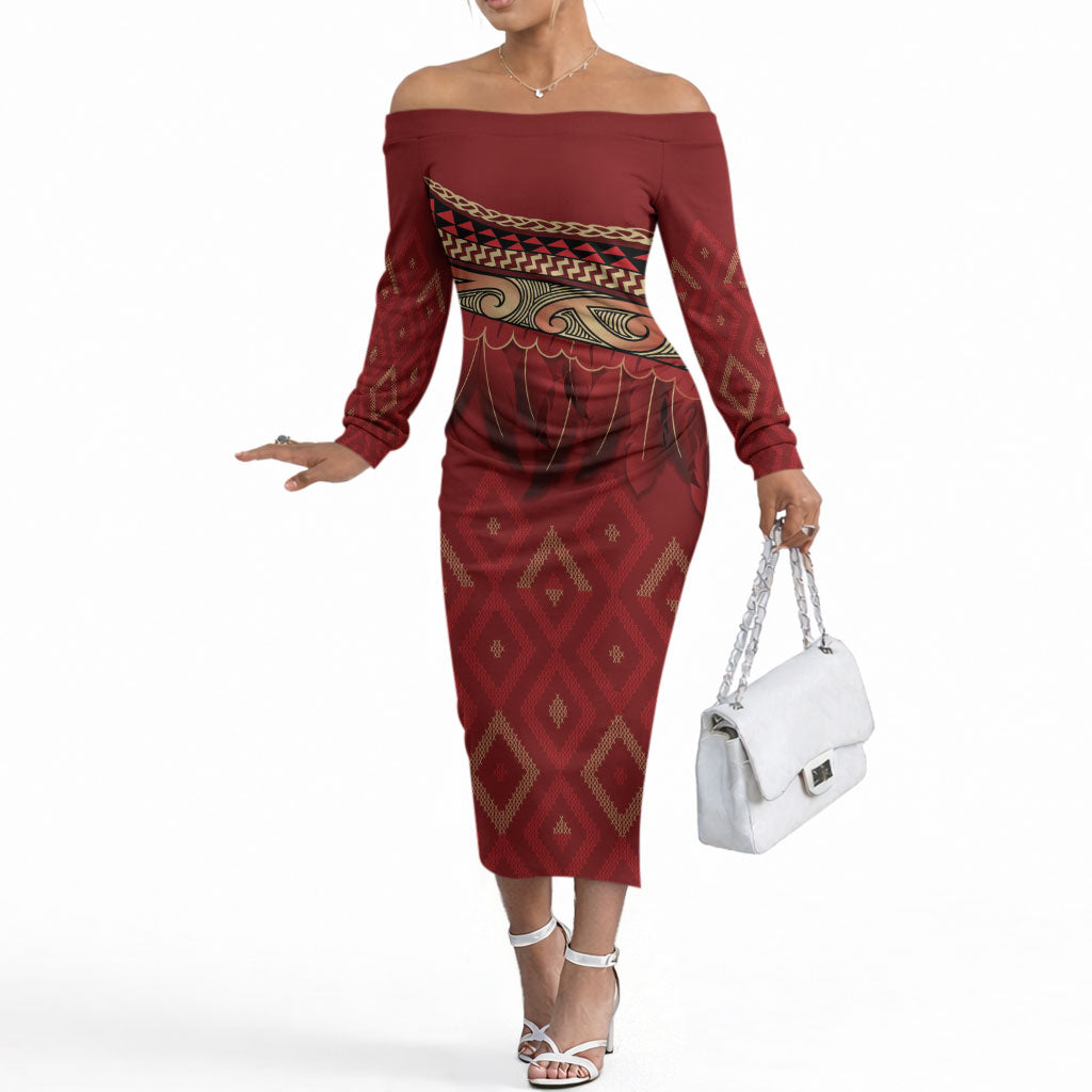 Aotearoa Maori Waikato Tainui Iwi Off The Shoulder Long Sleeve Dress Korowai Tukutuku Kaokao Motifs