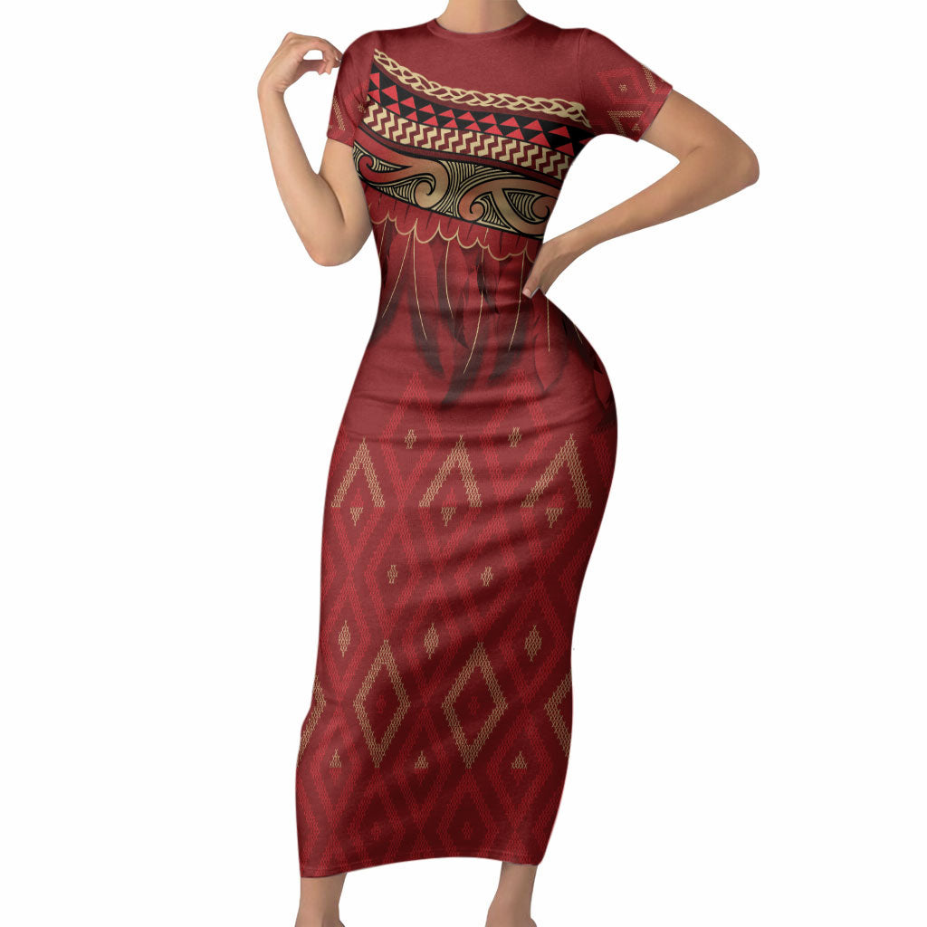 Aotearoa Maori Waikato Tainui Iwi Short Sleeve Bodycon Dress Korowai Tukutuku Kaokao Motifs