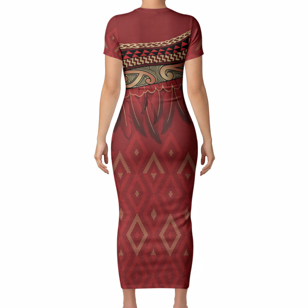 Aotearoa Maori Waikato Tainui Iwi Short Sleeve Bodycon Dress Korowai Tukutuku Kaokao Motifs