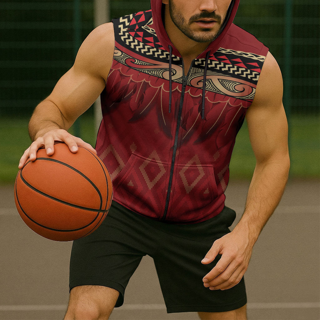 Aotearoa Maori Waikato Tainui Iwi Sleeveless Zip Hoodie Korowai Tukutuku Kaokao Motifs