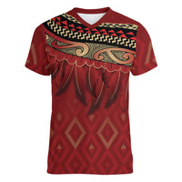 Aotearoa Maori Waikato Tainui Iwi Women V-Neck T-Shirt Korowai Tukutuku Kaokao Motifs