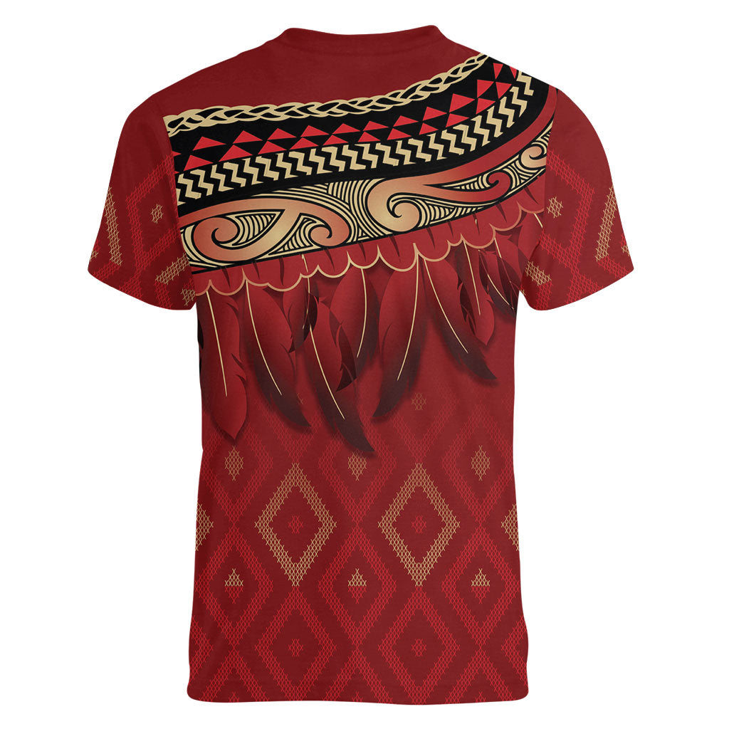 Aotearoa Maori Waikato Tainui Iwi Women V-Neck T-Shirt Korowai Tukutuku Kaokao Motifs