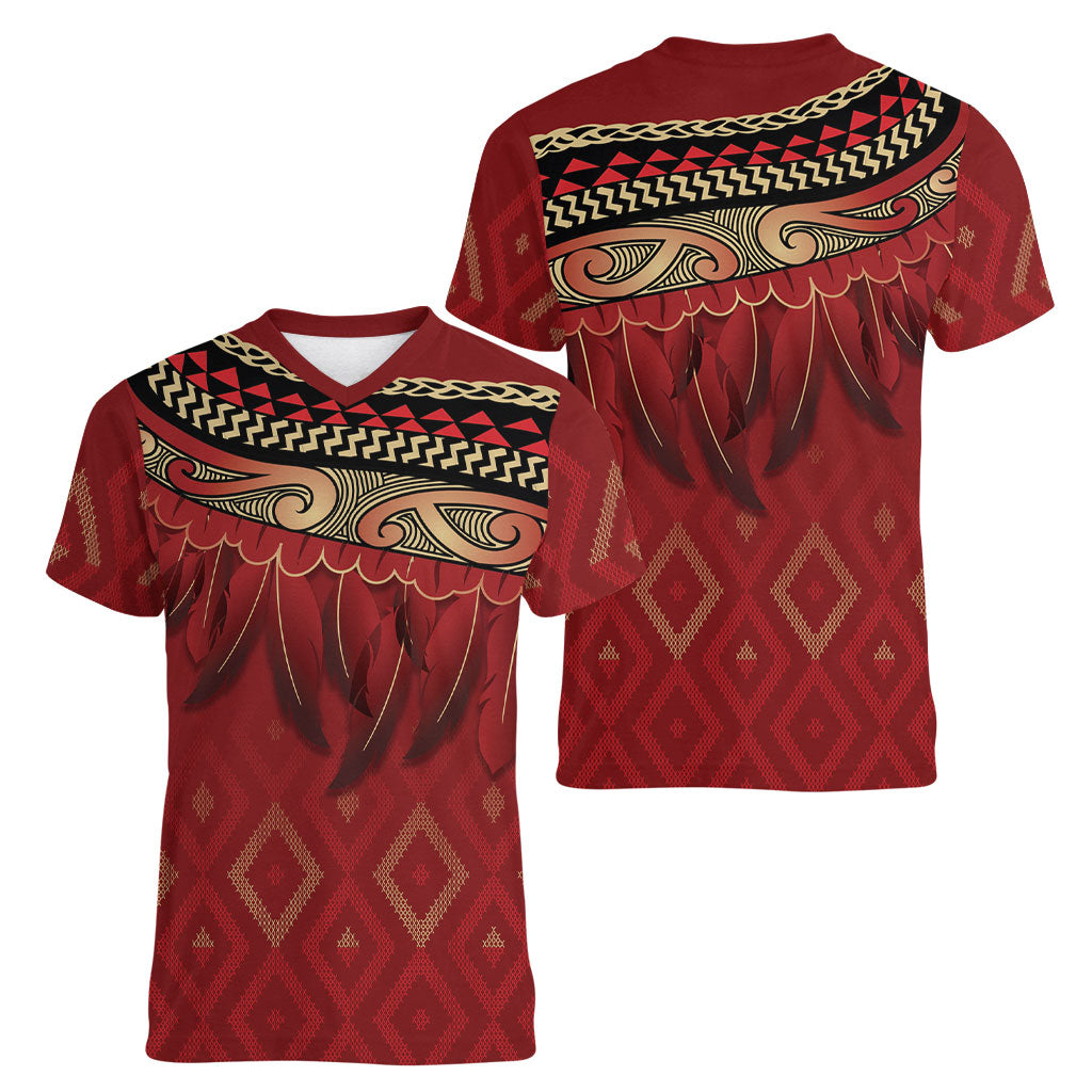 Aotearoa Maori Waikato Tainui Iwi Women V-Neck T-Shirt Korowai Tukutuku Kaokao Motifs