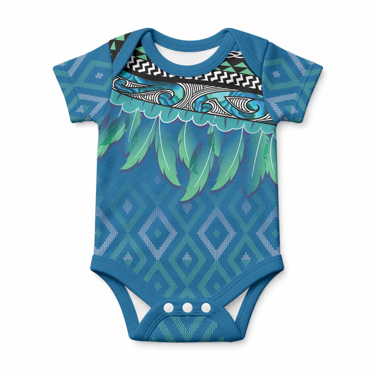 Aotearoa Maori Ngati Kahungunu Iwi Paua Blue Baby Onesie Korowai Tukutuku Kaokao Motifs