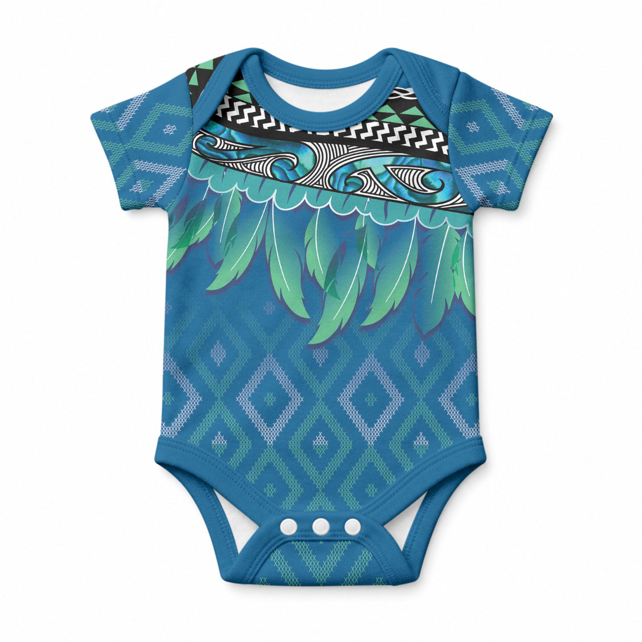 Aotearoa Maori Ngati Kahungunu Iwi Paua Blue Baby Onesie Korowai Tukutuku Kaokao Motifs LT7 Green Blue - Polynesian Pride