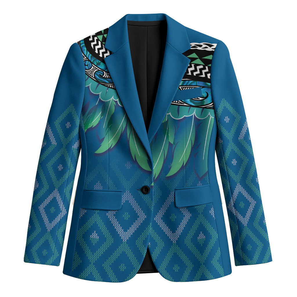 Aotearoa Maori Ngati Kahungunu Iwi Paua Blue Blazer Korowai Tukutuku Kaokao Motifs