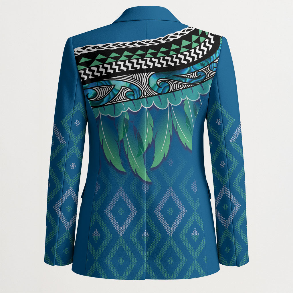 Aotearoa Maori Ngati Kahungunu Iwi Paua Blue Blazer Korowai Tukutuku Kaokao Motifs