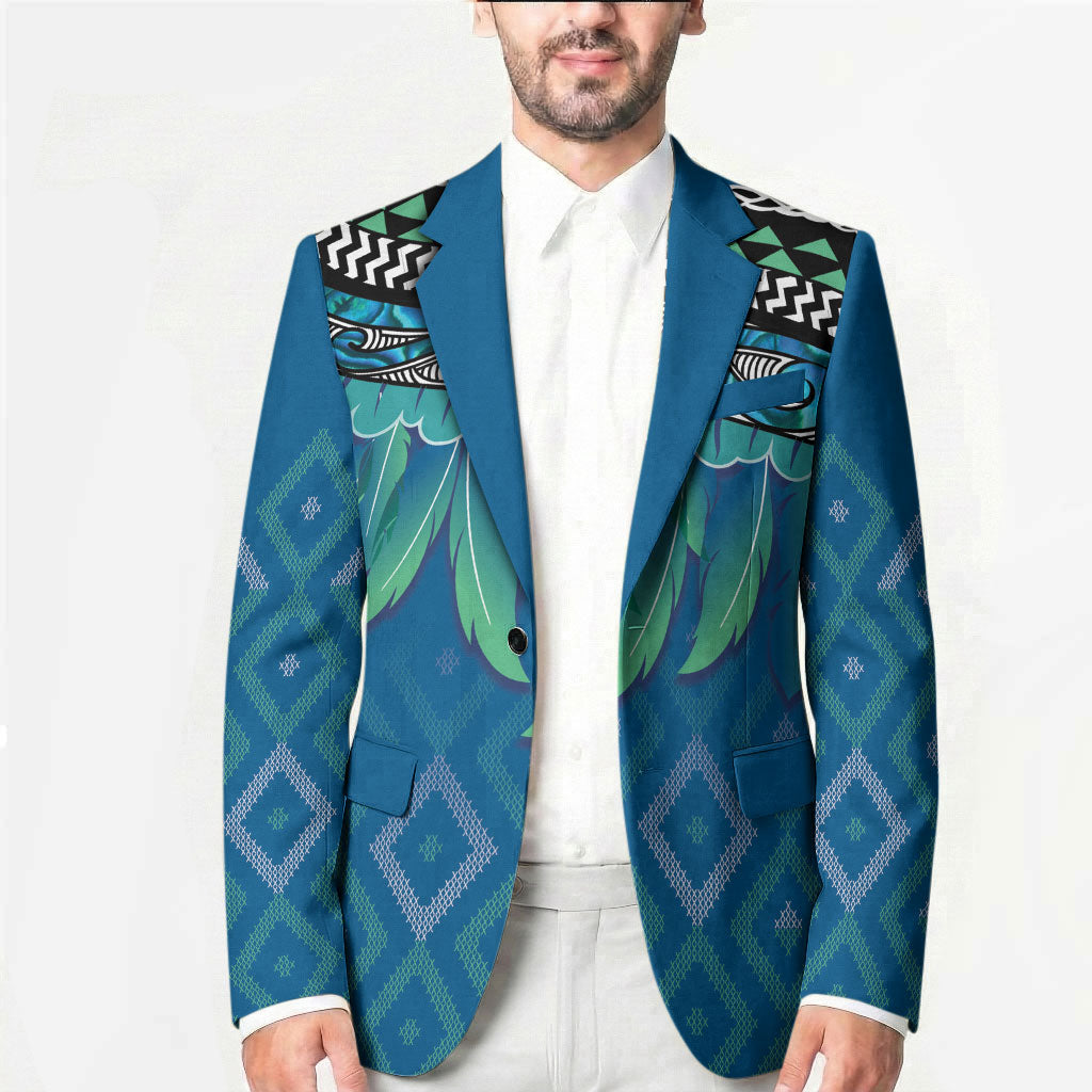 Aotearoa Maori Ngati Kahungunu Iwi Paua Blue Blazer Korowai Tukutuku Kaokao Motifs