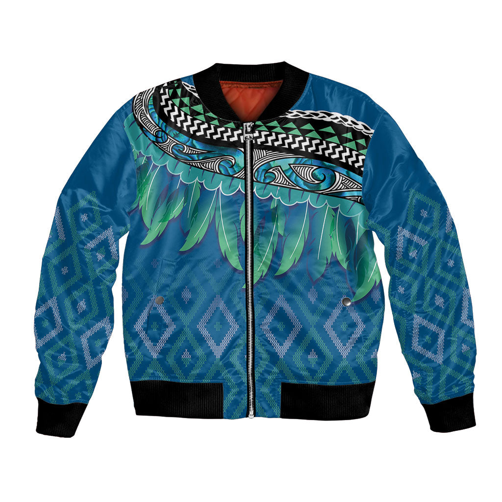 Aotearoa Maori Ngati Kahungunu Iwi Paua Blue Bomber Jacket Korowai Tukutuku Kaokao Motifs