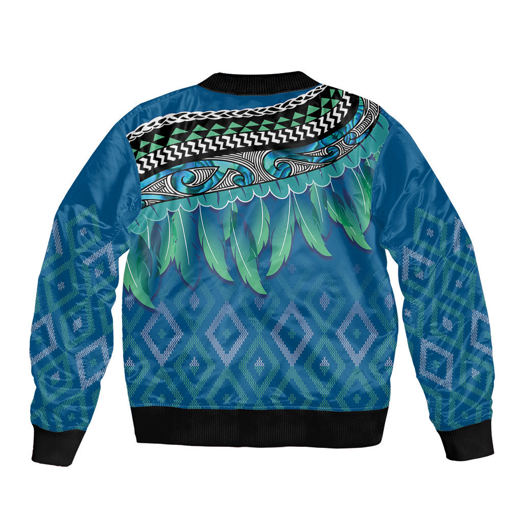 Aotearoa Maori Ngati Kahungunu Iwi Paua Blue Bomber Jacket Korowai Tukutuku Kaokao Motifs