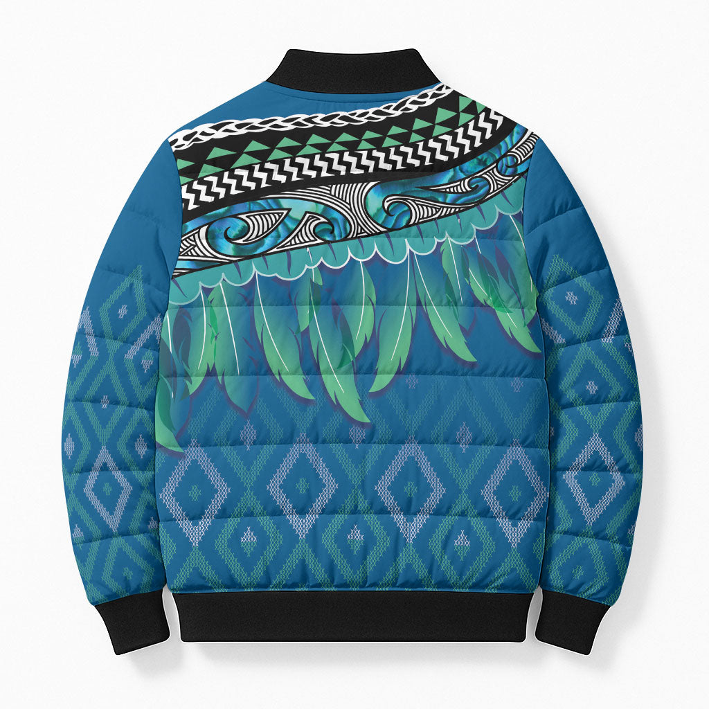 Aotearoa Maori Ngati Kahungunu Iwi Paua Blue Bomber Puffer Jacket Korowai Tukutuku Kaokao Motifs