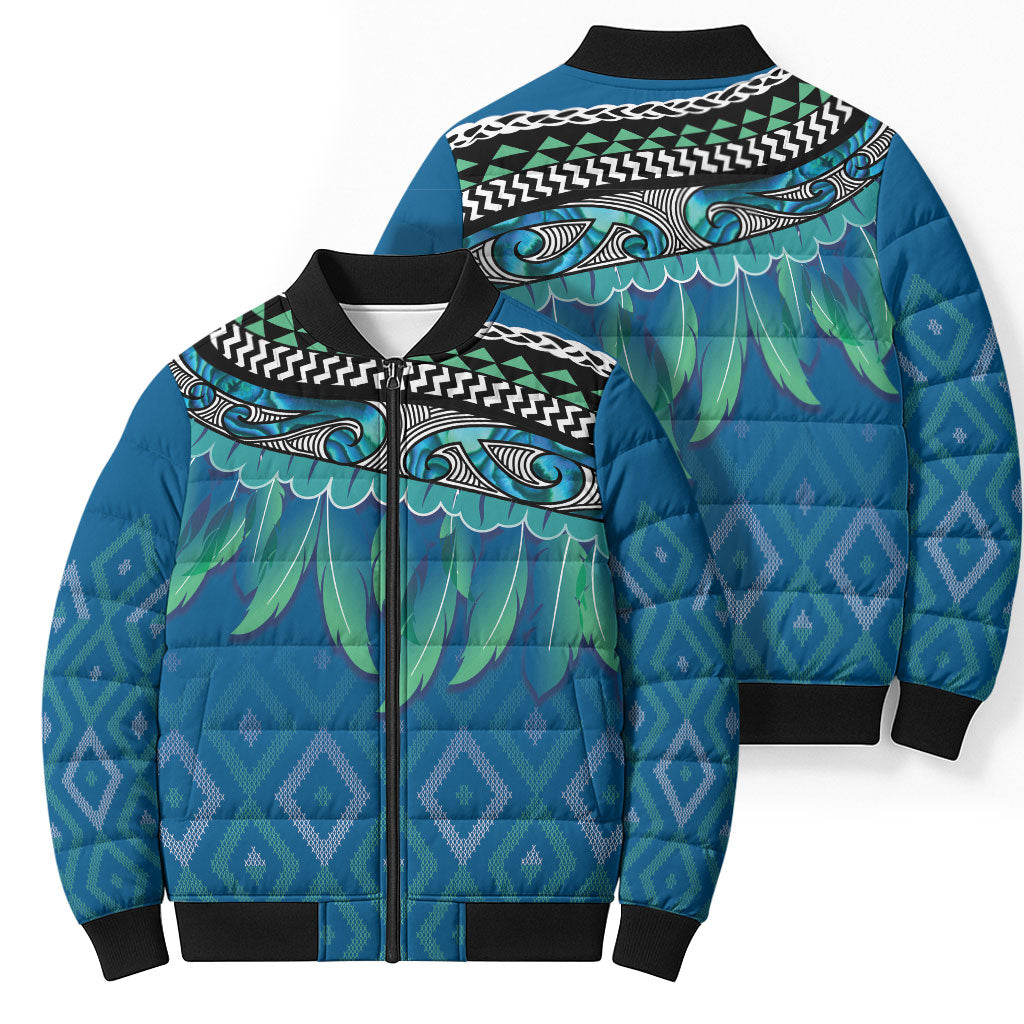 Aotearoa Maori Ngati Kahungunu Iwi Paua Blue Bomber Puffer Jacket Korowai Tukutuku Kaokao Motifs