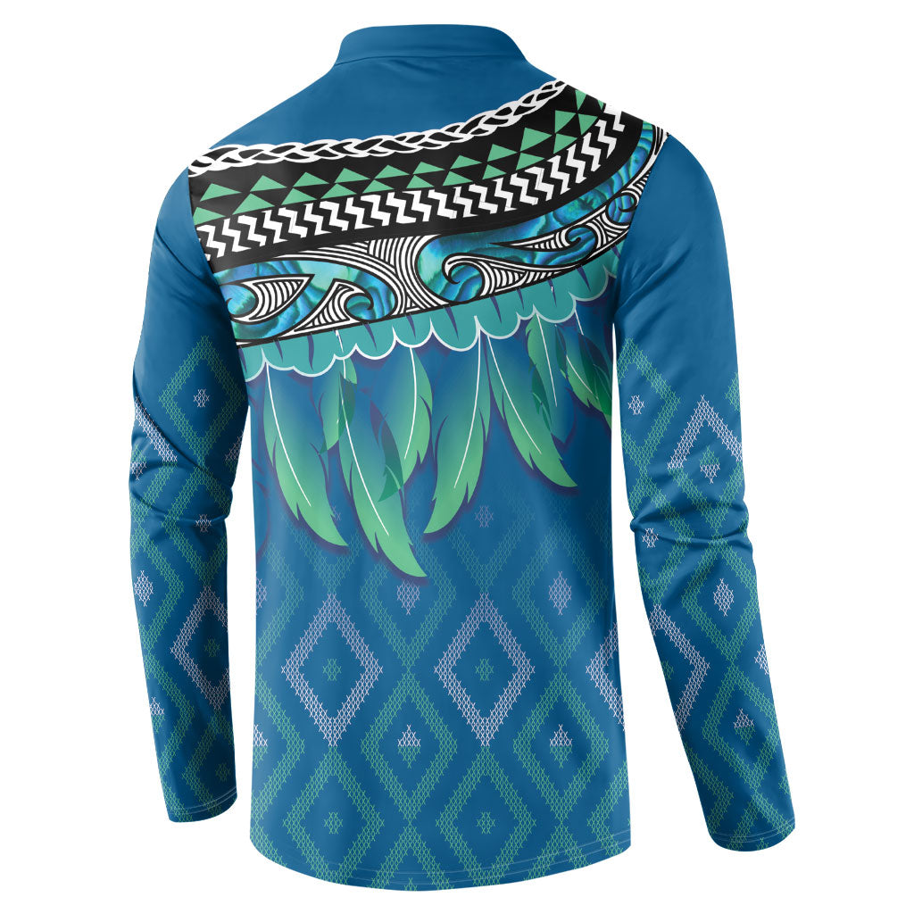 Aotearoa Maori Ngati Kahungunu Iwi Paua Blue Button Sweatshirt Korowai Tukutuku Kaokao Motifs