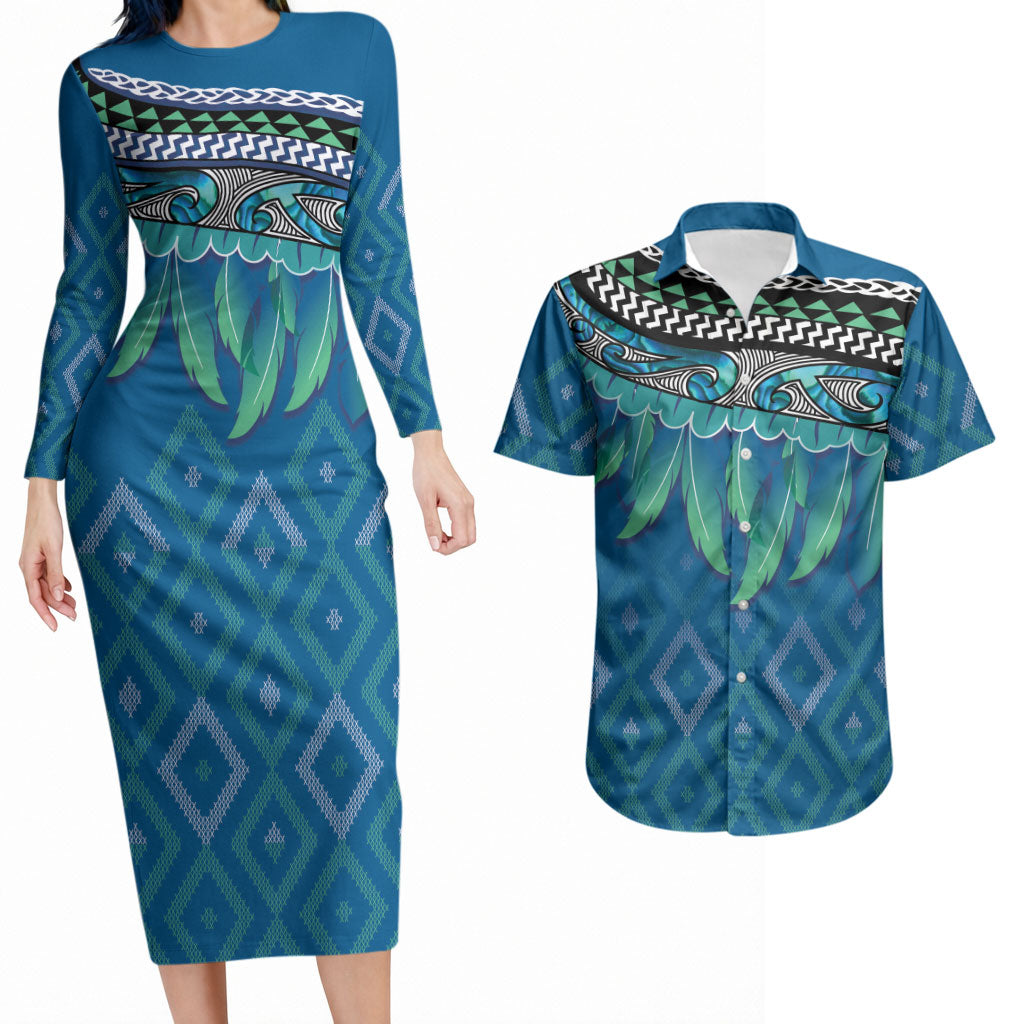 Aotearoa Maori Ngati Kahungunu Iwi Paua Blue Couples Matching Long Sleeve Bodycon Dress and Hawaiian Shirt Korowai Tukutuku Kaokao Motifs
