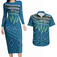 Aotearoa Maori Ngati Kahungunu Iwi Paua Blue Couples Matching Long Sleeve Bodycon Dress and Hawaiian Shirt Korowai Tukutuku Kaokao Motifs