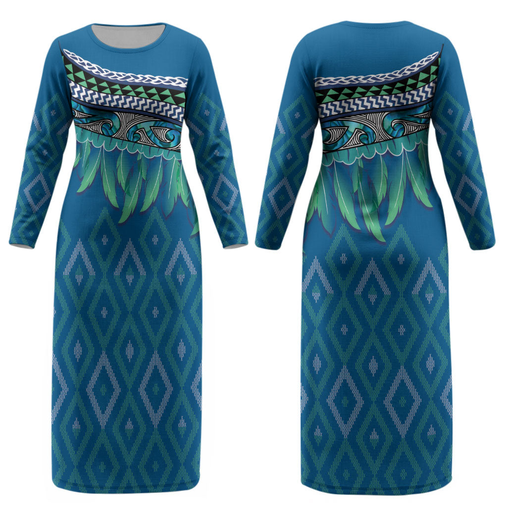 Aotearoa Maori Ngati Kahungunu Iwi Paua Blue Couples Matching Long Sleeve Bodycon Dress and Hawaiian Shirt Korowai Tukutuku Kaokao Motifs