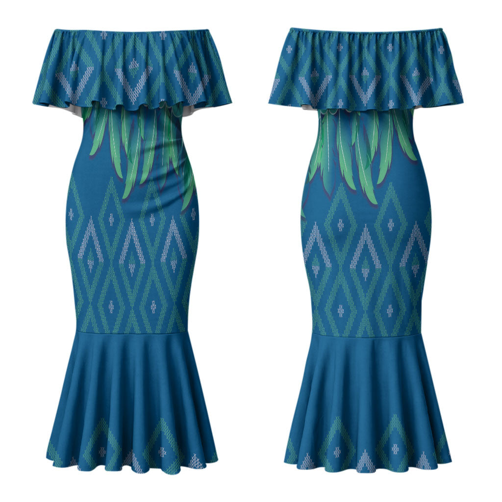 Aotearoa Maori Ngati Kahungunu Iwi Paua Blue Couples Matching Mermaid Dress and Hawaiian Shirt Korowai Tukutuku Kaokao Motifs