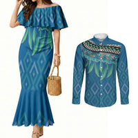Aotearoa Maori Ngati Kahungunu Iwi Paua Blue Couples Matching Mermaid Dress and Long Sleeve Button Shirt Korowai Tukutuku Kaokao Motifs