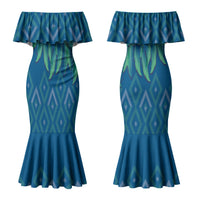 Aotearoa Maori Ngati Kahungunu Iwi Paua Blue Couples Matching Mermaid Dress and Long Sleeve Button Shirt Korowai Tukutuku Kaokao Motifs