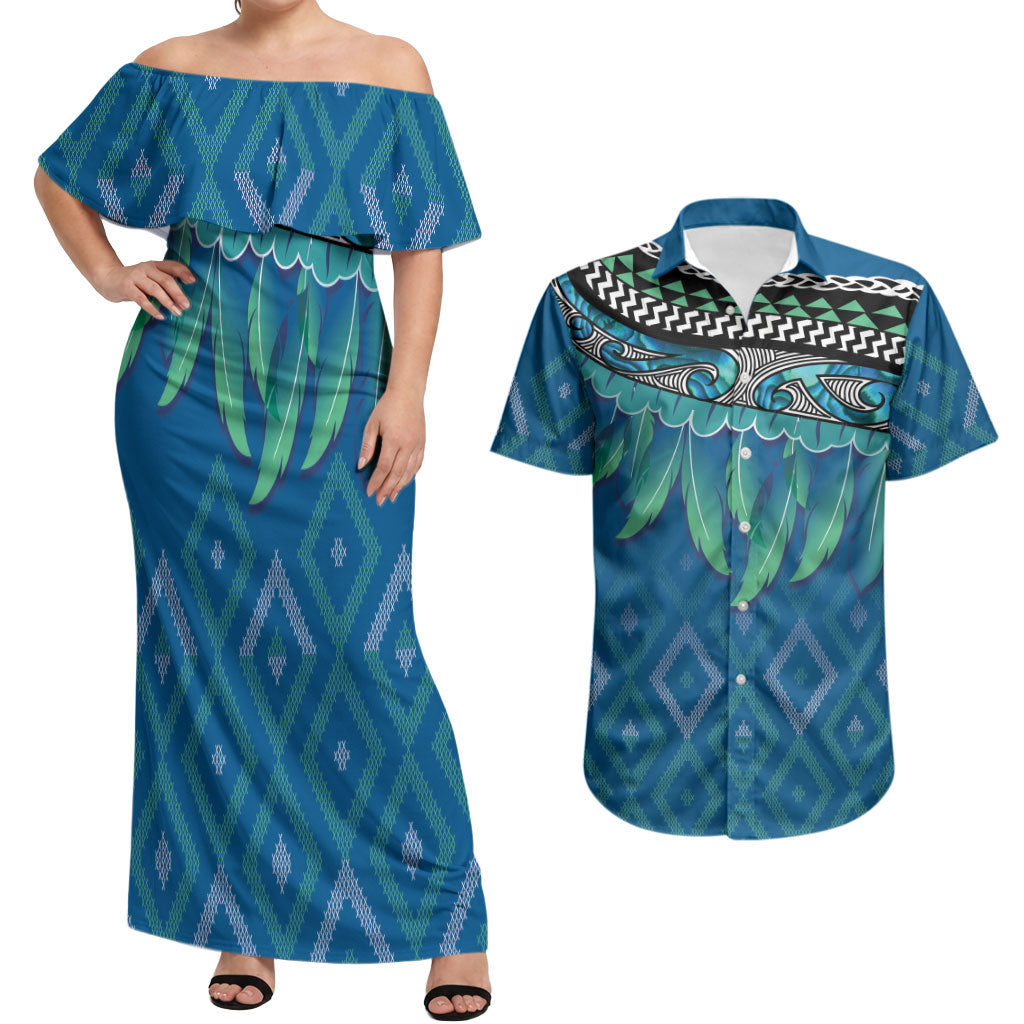 Aotearoa Maori Ngati Kahungunu Iwi Paua Blue Couples Matching Off Shoulder Maxi Dress and Hawaiian Shirt Korowai Tukutuku Kaokao Motifs